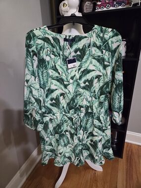 Kaari Blue Green Leaf Print Romper